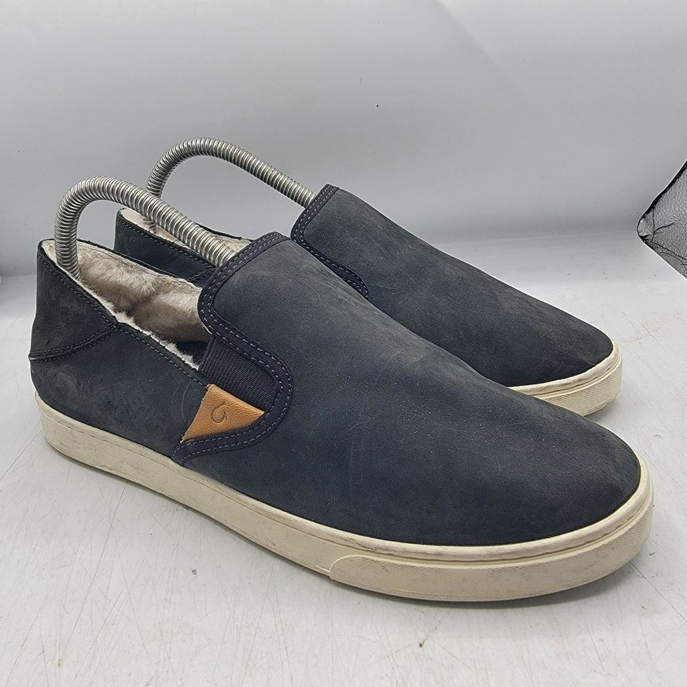 Olukai Pehuea Heu Womens 9 Black Slip Ons Sheep Fur Lined Casual 20391-LRLR